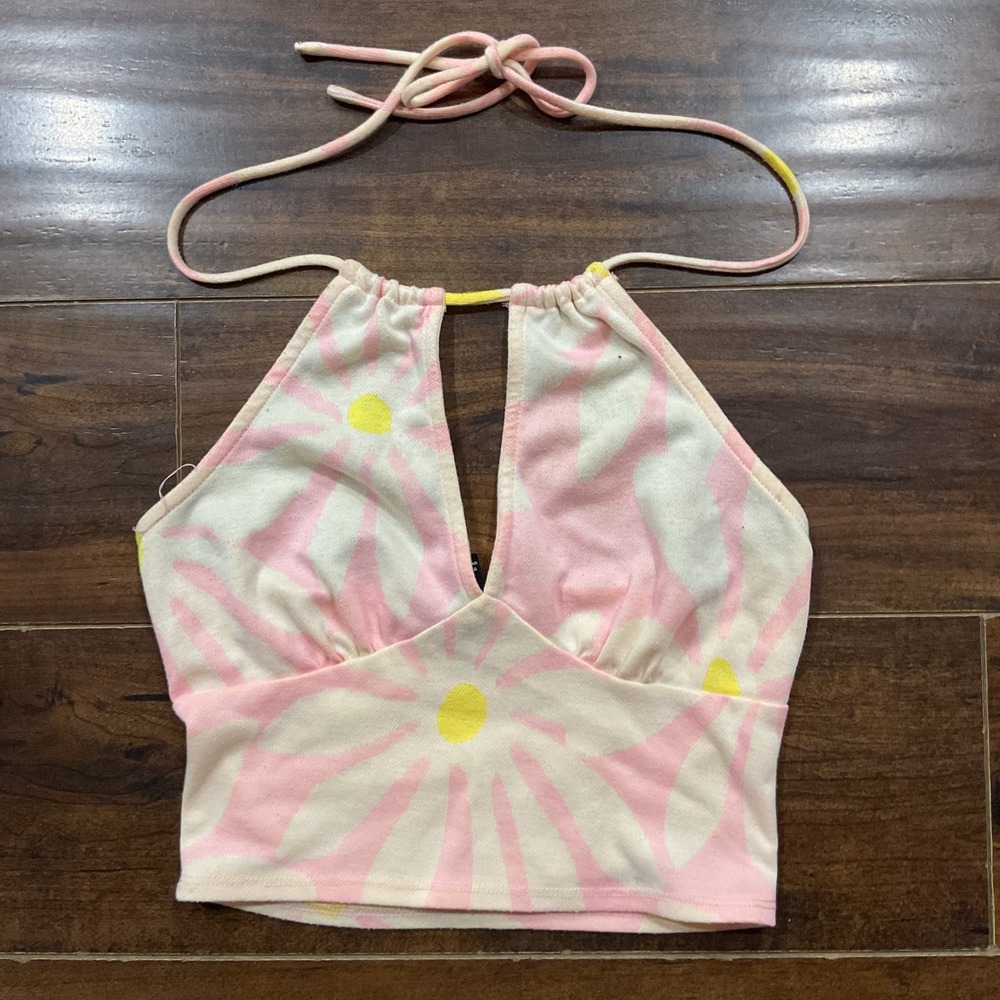 Forever 21 Women Pink Yellow Daisy Floral Halter Crop Top Small V-Neck Cutout